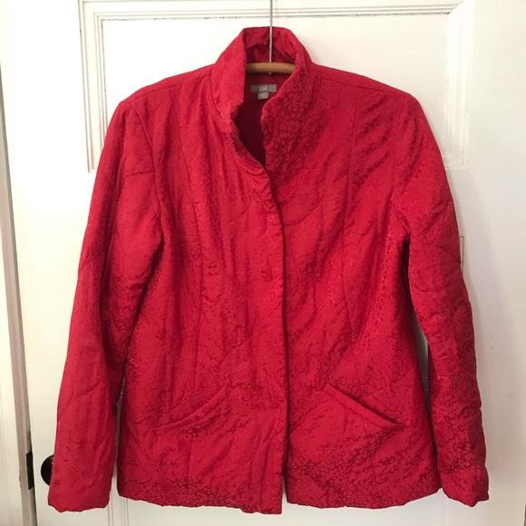 J.Jill Red Silk Blend Satin Jacquard Quilted Jacket Snap front Pockets - Picture 6 of 12